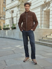 Brown Faux Suede Borg Lined Biker Jacket - Image 3 of 13