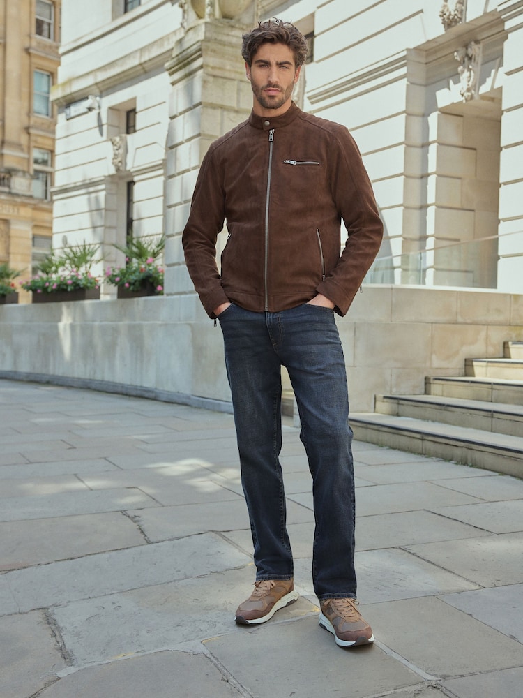 Brown Faux Suede Borg Lined Biker Jacket - Image 3 of 13