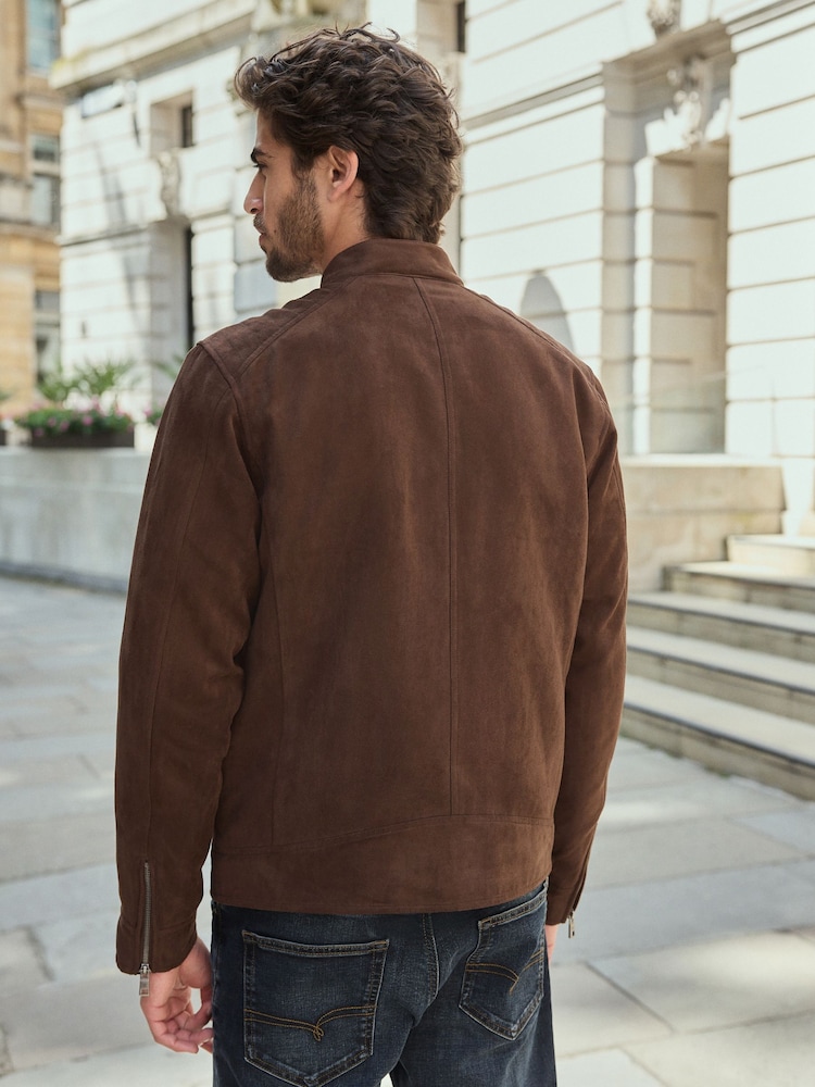 Brown Faux Suede Borg Lined Biker Jacket - Image 4 of 13