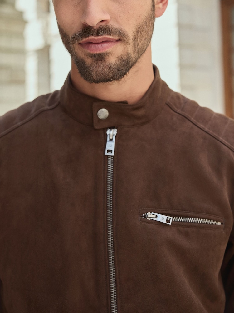 Brown Faux Suede Borg Lined Biker Jacket - Image 6 of 13