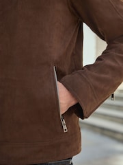 Brown Faux Suede Borg Lined Biker Jacket - Image 8 of 13