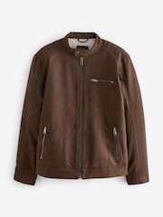 Brown Faux Suede Borg Lined Biker Jacket - Image 9 of 13