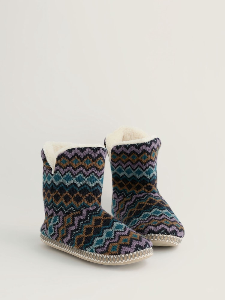 Seasalt Cornwall Navy Blue Geometric Print Snooze Slipper Booties Slippers - Image 1 of 2 Seasalt Cornwall Navy Blue Geometric Print Snooze Slipper Booties Slippers - Image 1 of 2