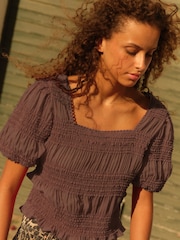 Chocolate Brown Short Sleeve Smock Tie Back Top - Image 1 of 7