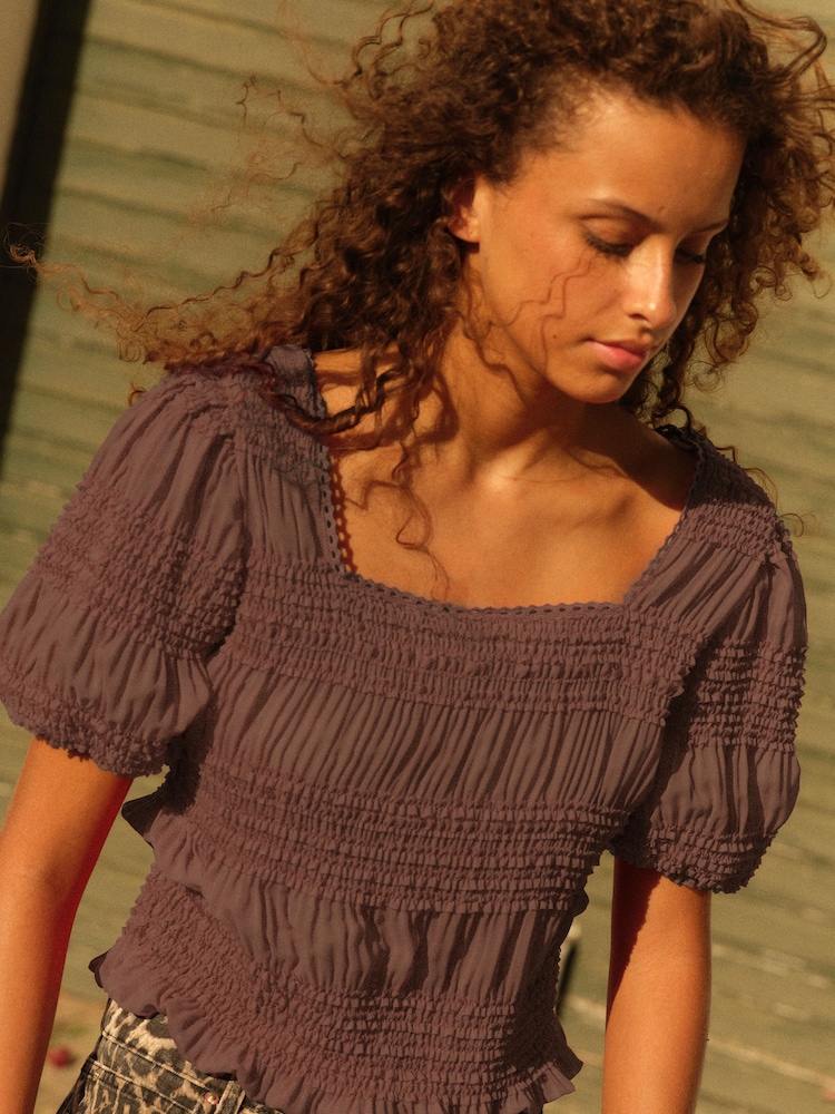 Chocolate Brown Short Sleeve Smock Tie Back Top - Image 1 of 7