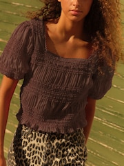 Chocolate Brown Short Sleeve Smock Tie Back Top - Image 2 of 7