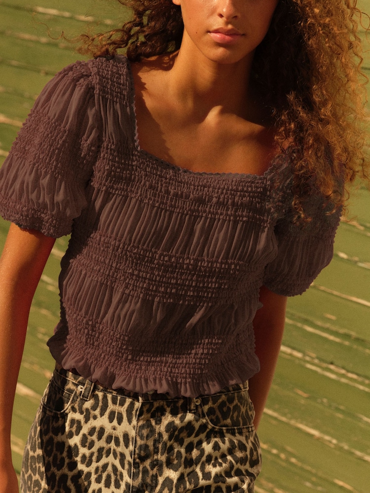 Chocolate Brown Short Sleeve Smock Tie Back Top - Image 2 of 7