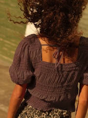 Chocolate Brown Short Sleeve Smock Tie Back Top - Image 4 of 7
