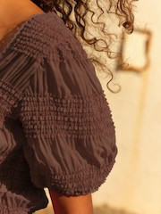 Chocolate Brown Short Sleeve Smock Tie Back Top - Image 5 of 7