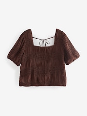 Chocolate Brown Short Sleeve Smock Tie Back Top - Image 6 of 7