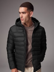 Black Shower Resistant Rubberised Hooded Puffer Coat - Image 1 of 16