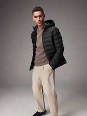 Black Shower Resistant Rubberised Hooded Puffer Coat - Image 2 of 16