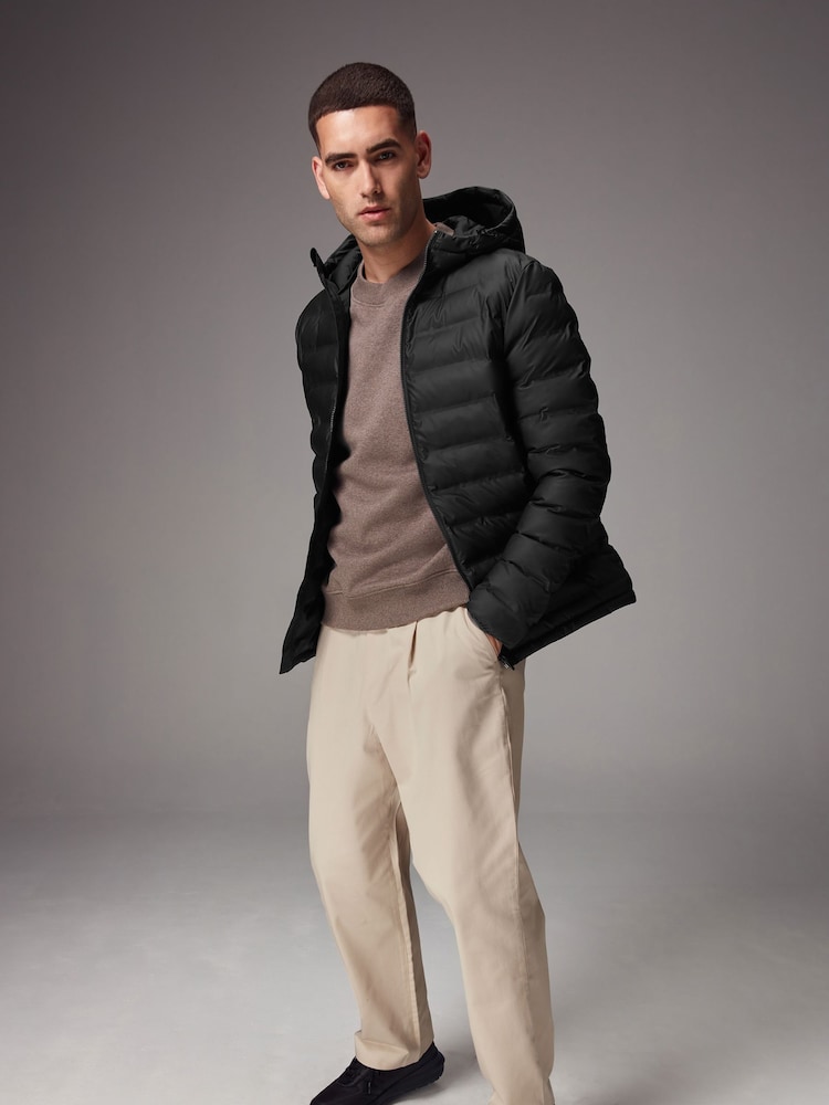 Black Shower Resistant Rubberised Hooded Puffer Coat - Image 2 of 16