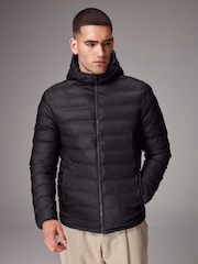 Black Shower Resistant Rubberised Hooded Puffer Coat - Image 5 of 16