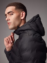 Black Shower Resistant Rubberised Hooded Puffer Coat - Image 7 of 16
