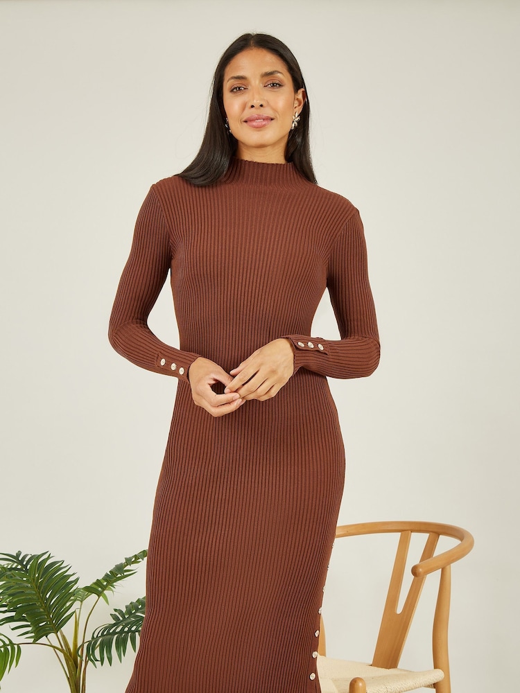 Mela Brown Knitted Fitted Midi Dress - Image 1 of 5