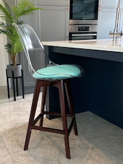 Fusion Living Aqua Soho Clear Plastic Bar Stool with Dark Wood Legs - Image 1 of 5