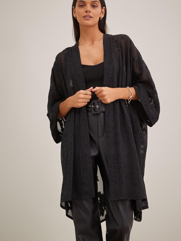 Black Sheer Embroidered Longline Kimono - Image 5 of 7