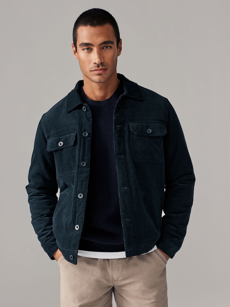 Navy Blue Cord Borg Lined Trucker Jacket - Image 2 of 11