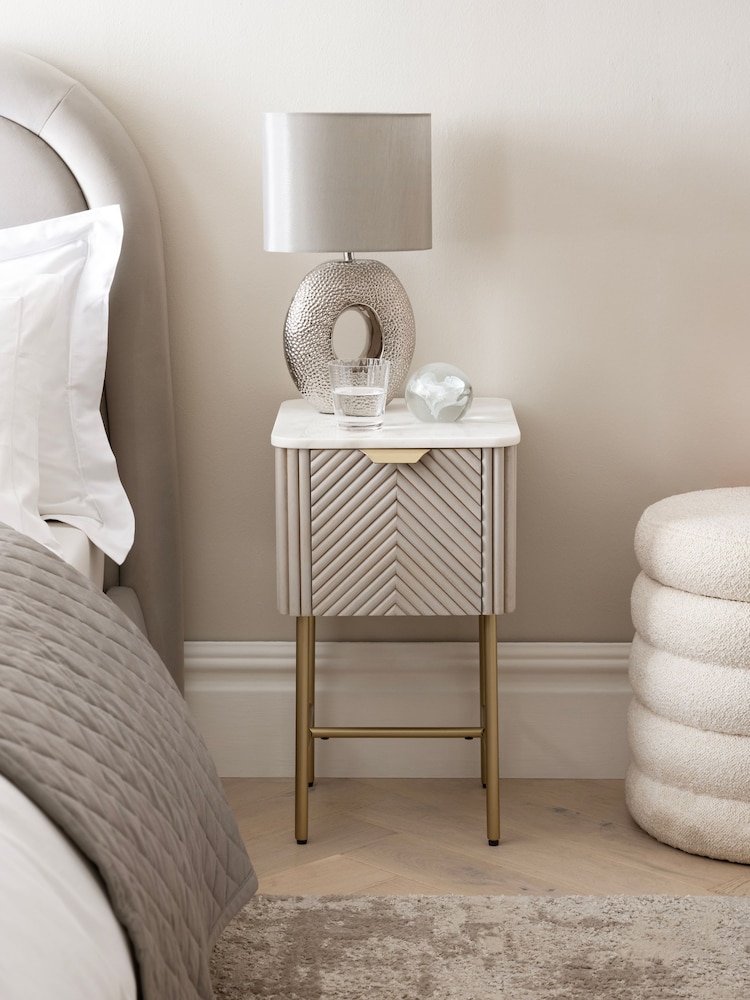 Light Grey Valencia Marble and Mango Wood 1 Drawer Slim Bedside Table - Image 2 of 11