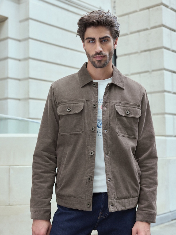Dark Natural Corduroy Borg Lined Trucker Jacket - Image 2 of 14