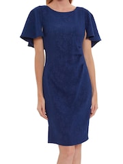 Gina Bacconi Blue Sahar Embossed Floral Jacquard Dress - Image 1 of 5