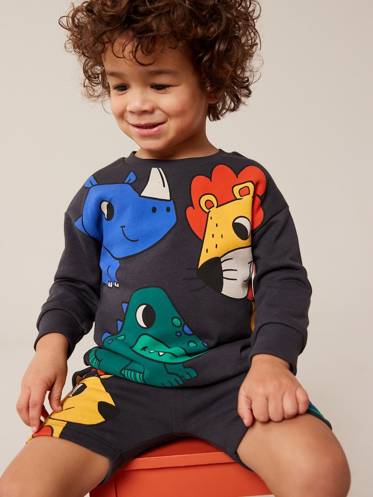 Charcoal Grey Animal Jersey Crew Neck Sweatshirt and Short Set (3mths-7yrs) - Image 2 of 8