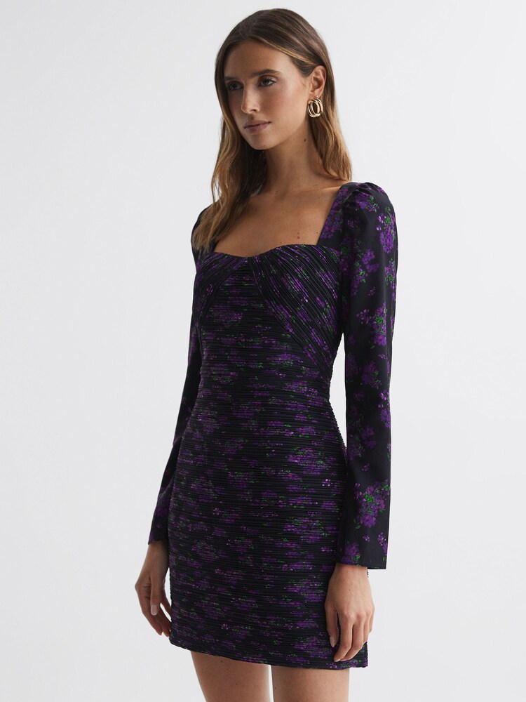 Reiss Hydrangea Berry Giulia Amur Pleated Floral Bodycon Mini Dress - Image 1 of 6
