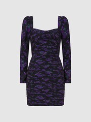 Reiss Hydrangea Berry Giulia Amur Pleated Floral Bodycon Mini Dress - Image 2 of 6