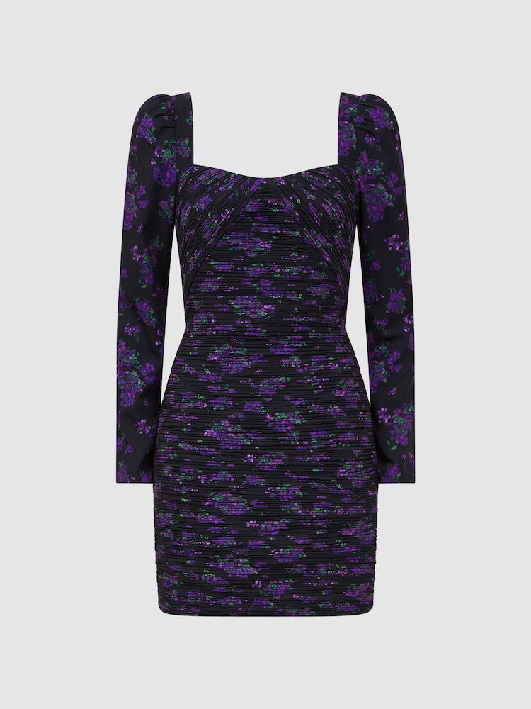 Reiss Hydrangea Berry Giulia Amur Pleated Floral Bodycon Mini Dress - Image 2 of 6