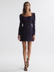 Reiss Hydrangea Berry Giulia Amur Pleated Floral Bodycon Mini Dress - Image 3 of 6