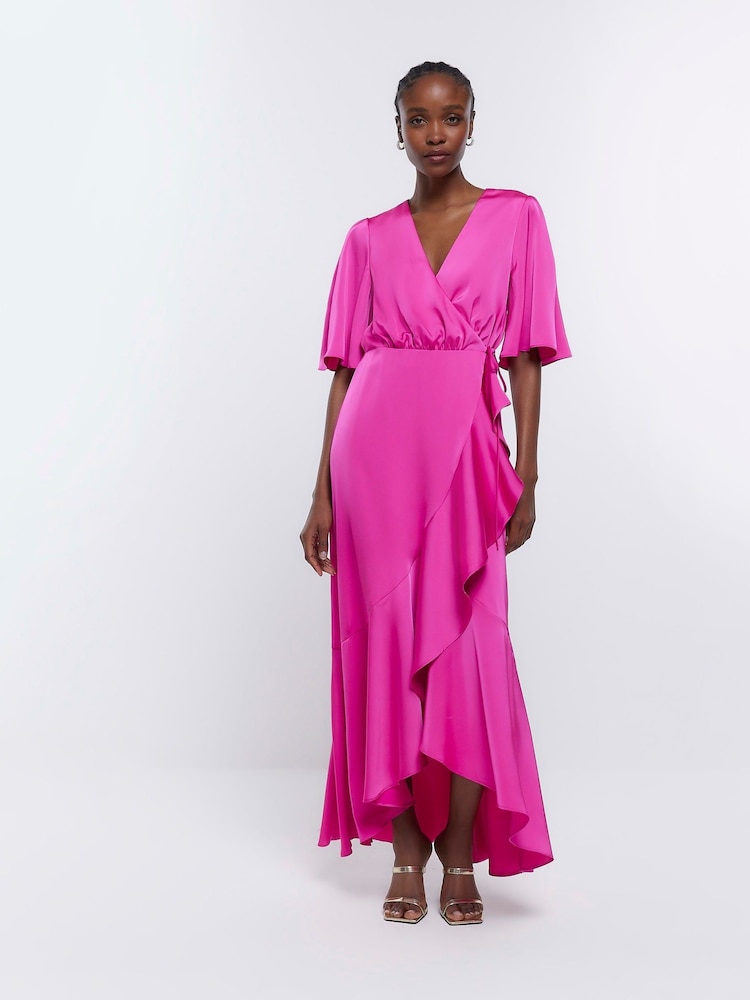 Розовый - Розовое платье для подружки невесты с запахом River Island - Изображение 1 из 5