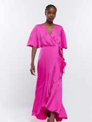 Розовый - Розовое платье для подружки невесты с запахом River Island - Изображение 3 из 5