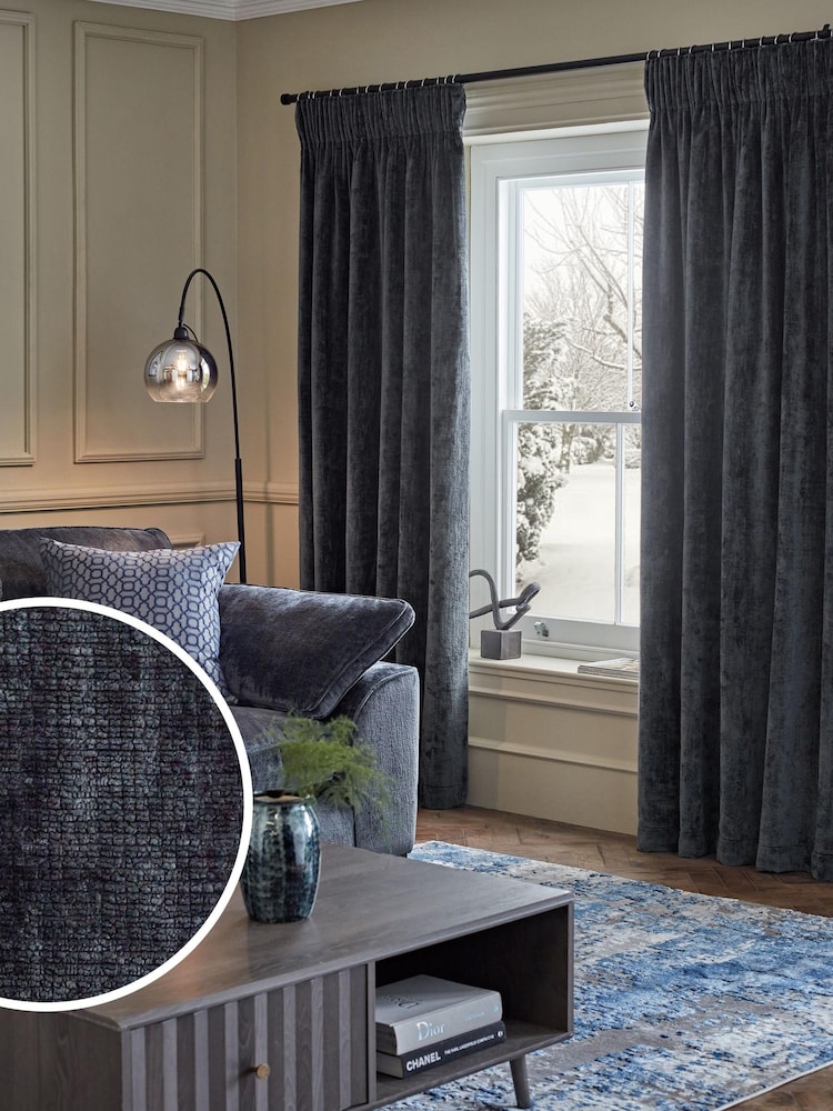 Slate Blue Next Collection Luxe Plush Chenille Pencil Pleat Lined Curtains - Image 1 of 1