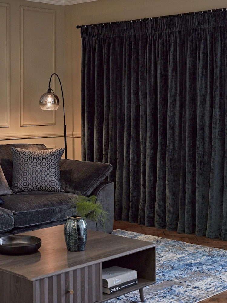 Slate Blue Next Collection Luxe Plush Chenille Pencil Pleat Lined Curtains - Image 2 of 5