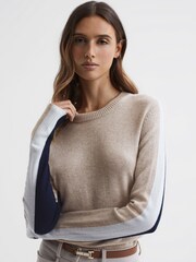 Reiss Cream/Navy Addison Wool Blend Colourblock Jumper - Image 1 of 5