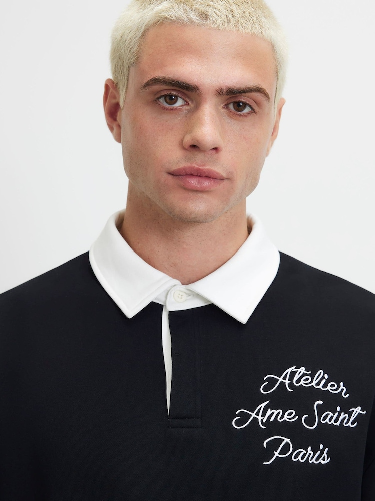 River Island Black Regular Fit Ame Saint Rugby Polo Shirt - Image 4 of 4 River Island Black Regular Fit Ame Saint Rugby Polo Shirt - Image 4 of 4