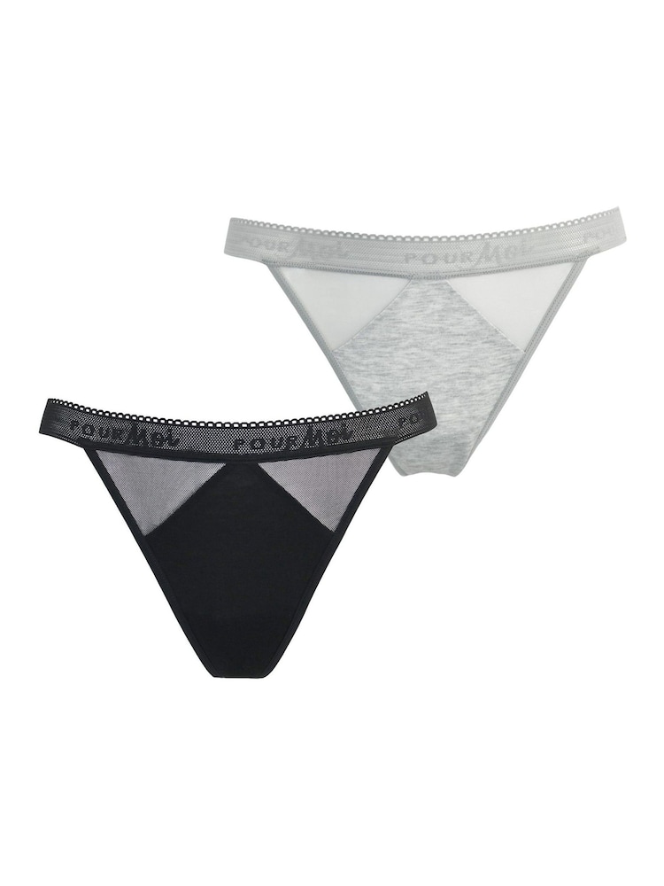Pour Moi Black G-String Modal and Mesh Knickers 2 Pack - Image 1 of 5
