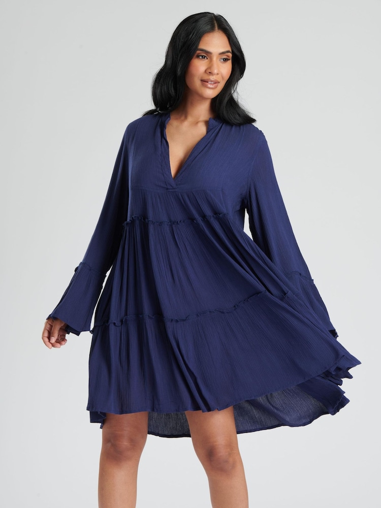 South Beach Blue Crinkle Viscose Pull Over Tiered Beach Dress - Image 1 of 5