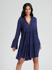 South Beach Blue Crinkle Viscose Pull Over Tiered Beach Dress - Image 3 of 5