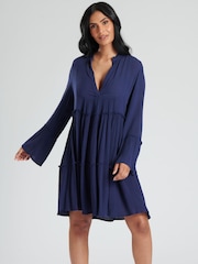 South Beach Blue Crinkle Viscose Pull Over Tiered Beach Dress - Image 4 of 5