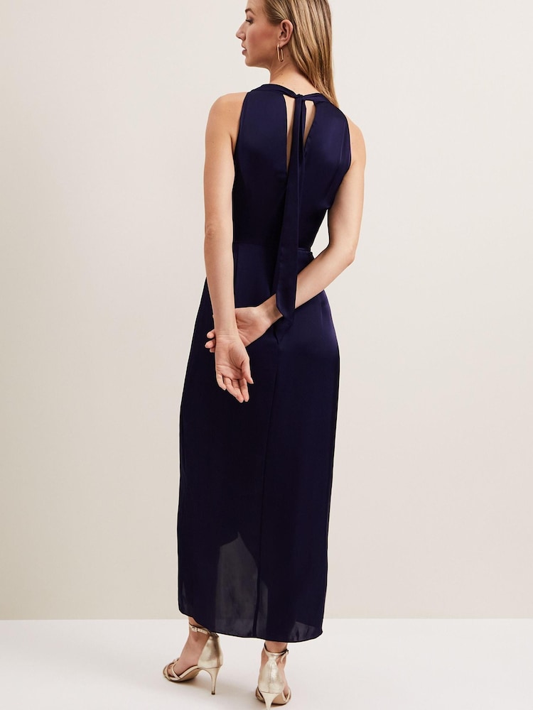 Phase Eight Blue Daliah High Neck Satin Midi Dress - Image 2 of 7