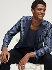 Navy Slim Fit Satin Jacquard Blazer - Image 1 of 12