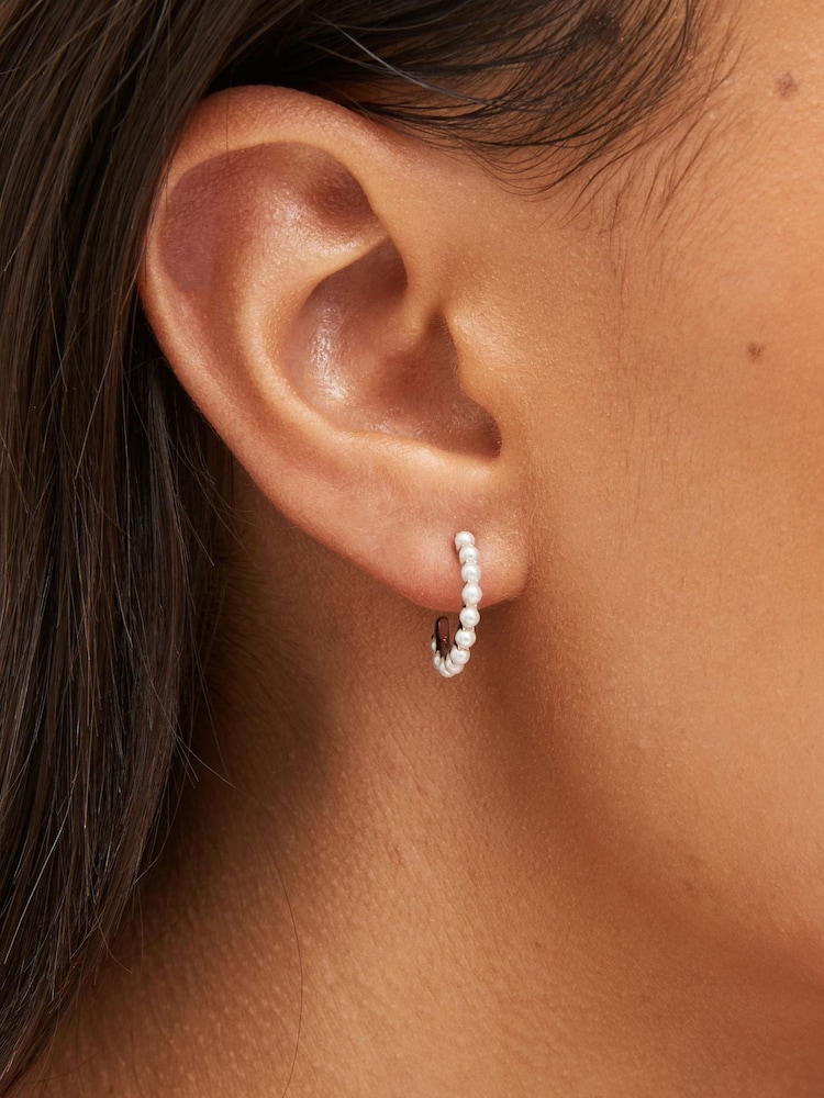 Rose Gold Plated Sterling Silver Pearl Hoop Earring - Image 1 of 3 Rose Gold Plated Sterling Silver Pearl Hoop Earring - Image 1 of 3