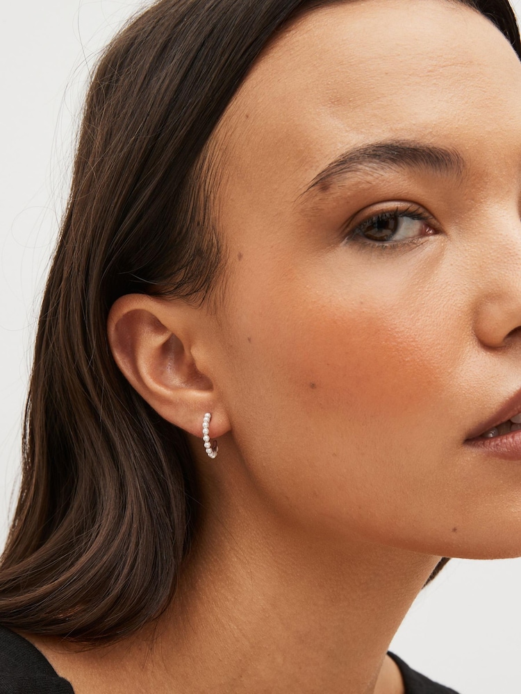 Rose Gold Plated Sterling Silver Pearl Hoop Earring - Image 2 of 3 Rose Gold Plated Sterling Silver Pearl Hoop Earring - Image 2 of 3