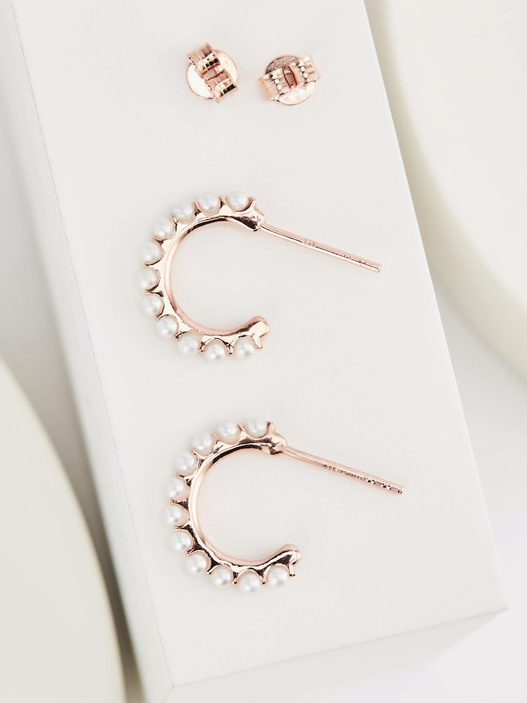Rose Gold Plated Sterling Silver Pearl Hoop Earring - Image 3 of 3 Rose Gold Plated Sterling Silver Pearl Hoop Earring - Image 3 of 3