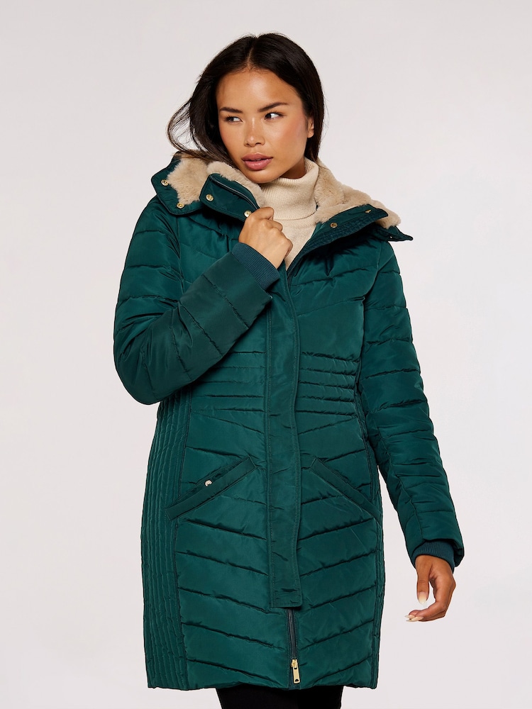 Apricot Green Longline Puffer Coat - Image 1 of 5 Apricot Green Longline Puffer Coat - Image 1 of 5