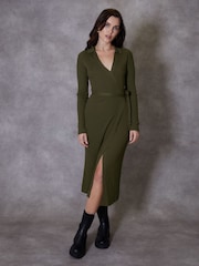 Threadbare Green Ribbed Wrap Dress - Image 1 of 4
