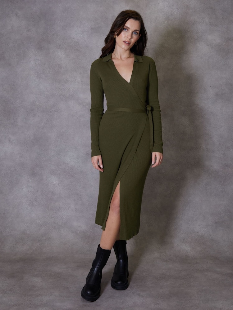 Threadbare Green Ribbed Wrap Dress - Image 1 of 4
