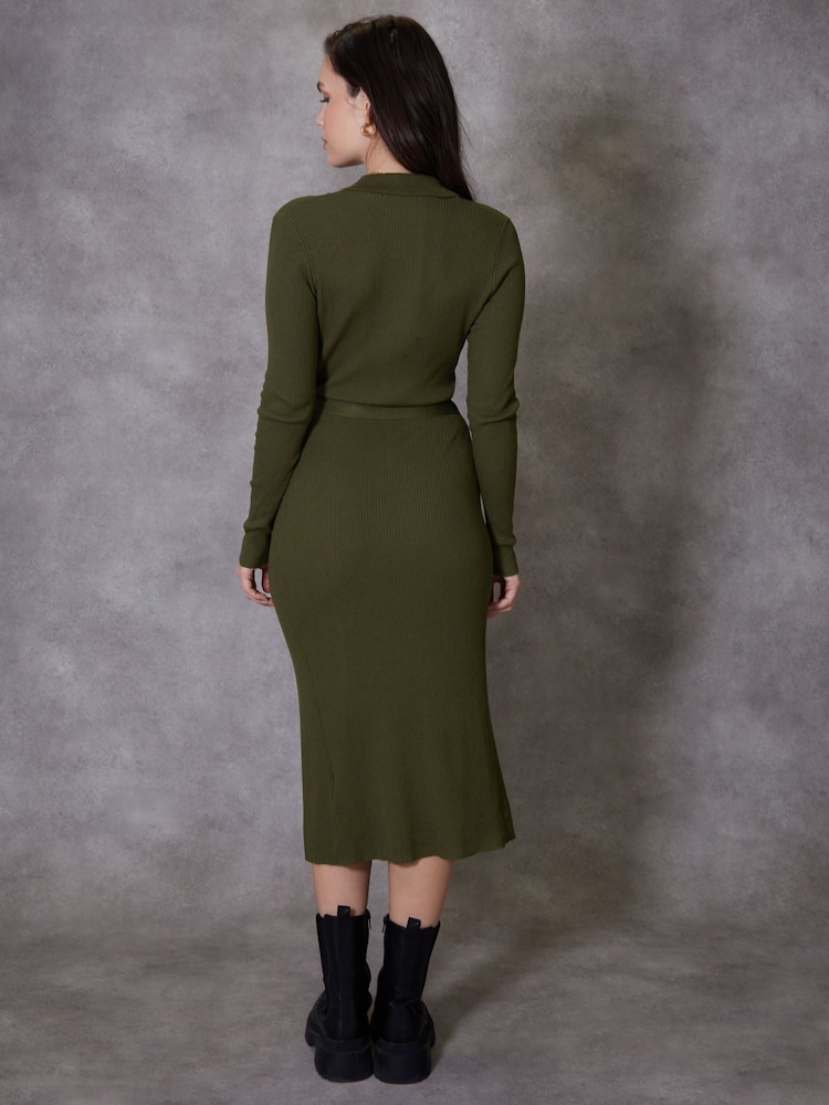 Threadbare Green Ribbed Wrap Dress - Image 2 of 4